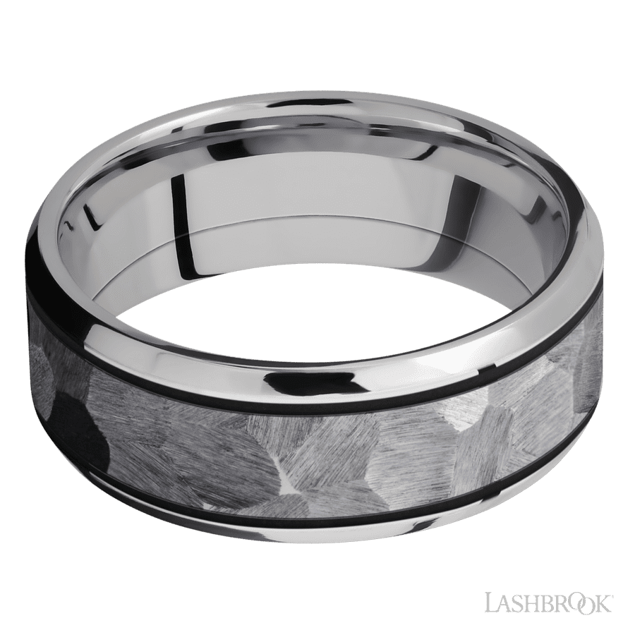 8 mm wide/Beveled/Cobalt Chrome band with one 5 mm Centered inlay of Tantalum. view 3