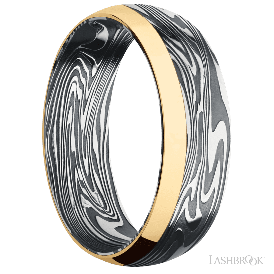 7 mm wide/Domed/Kinetic band with one 2 mm Off Center Edge inlay of 14K Yellow Gold. view 2