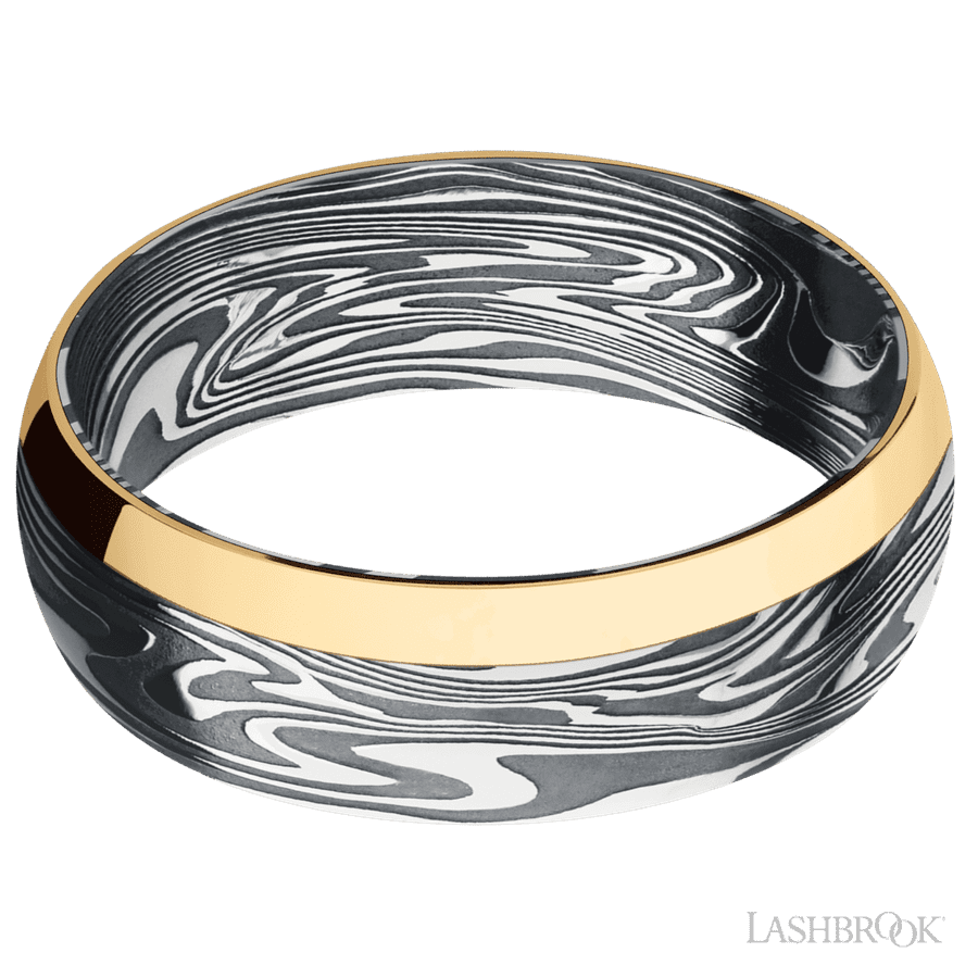 7 mm wide/Domed/Kinetic band with one 2 mm Off Center Edge inlay of 14K Yellow Gold. view 3
