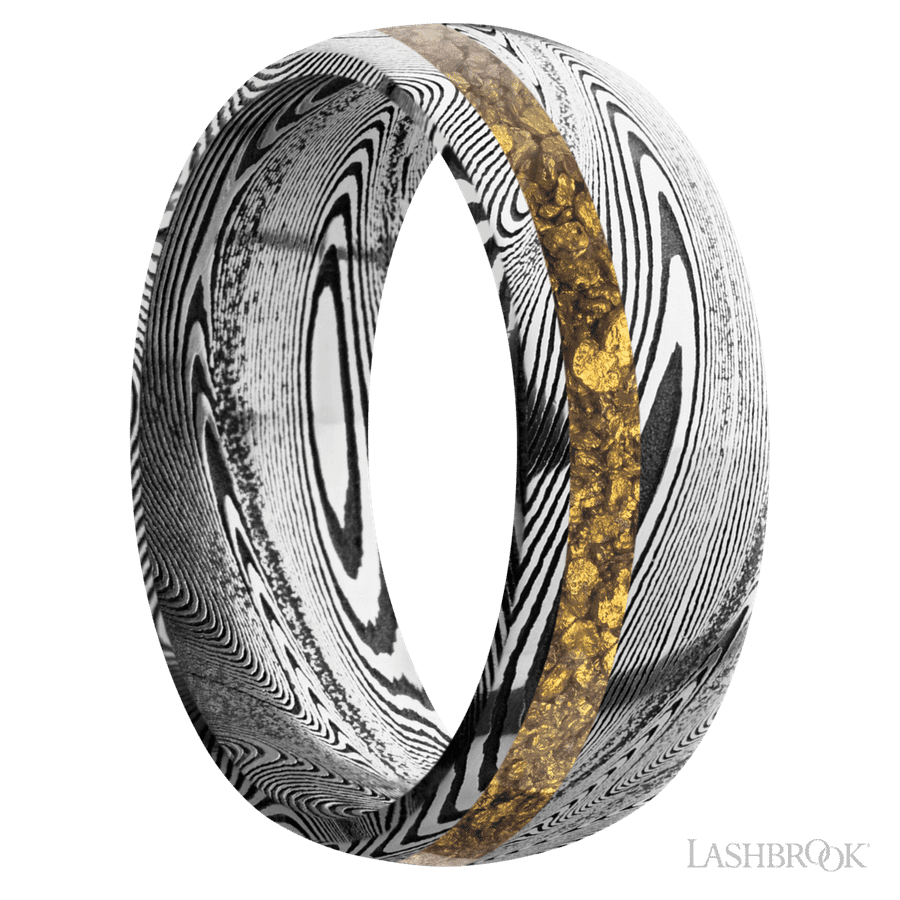 8 mm wide/Domed/Tightweave band with one 2 mm Off Center inlay of Alaskan Gold Nugget. view 2