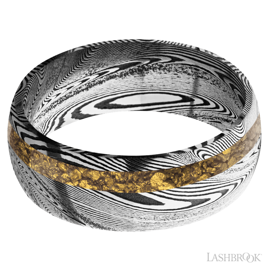 8 mm wide/Domed/Tightweave band with one 2 mm Off Center inlay of Alaskan Gold Nugget. view 3