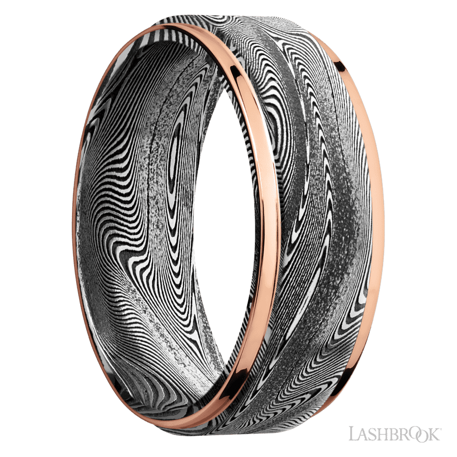 8 mm wide/Flat Grooved Edges/Tightweave band with two 1 mm Edge inlays of 14K Rose Gold. view 2