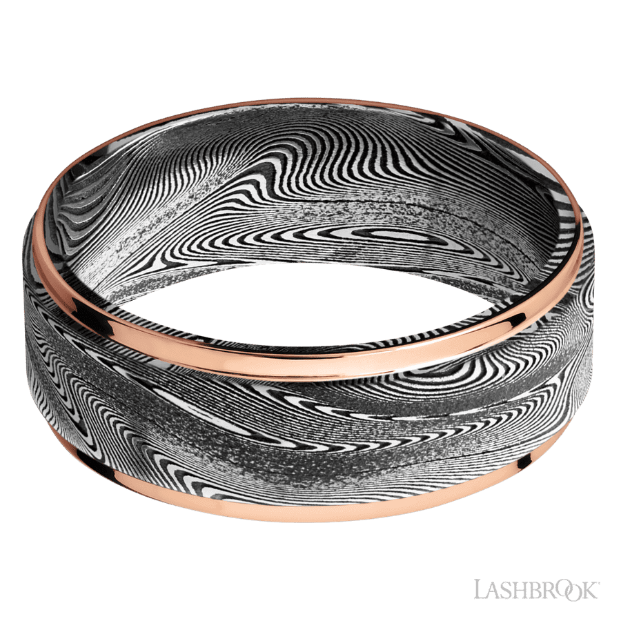 8 mm wide/Flat Grooved Edges/Tightweave band with two 1 mm Edge inlays of 14K Rose Gold. view 3