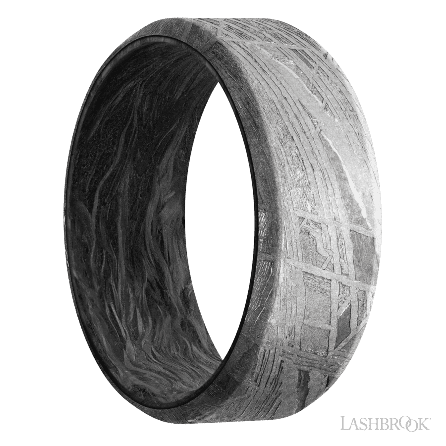 8 mm wide Beveled Meteorite band featuring a Forged Carbon Fiber sleeve. view 2