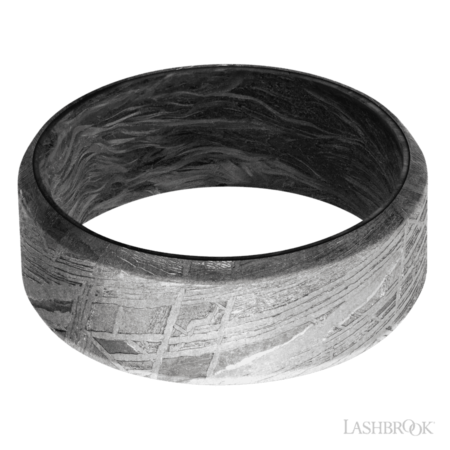 8 mm wide Beveled Meteorite band featuring a Forged Carbon Fiber sleeve. view 3