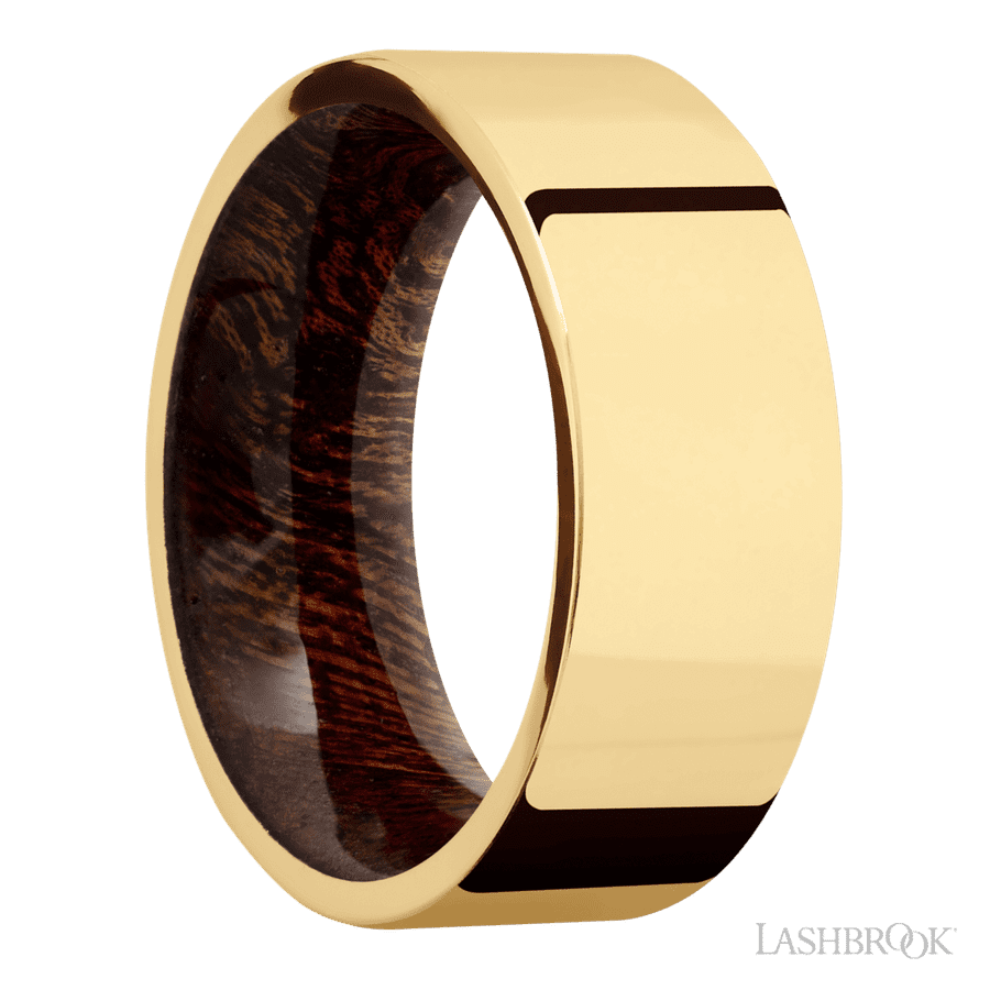 8 mm wide Flat 14K Yellow Gold band featuring a Sapele sleeve. view 2