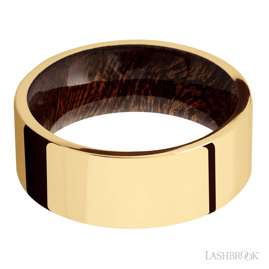 8 mm wide Flat 14K Yellow Gold band featuring a Sapele sleeve. view 3