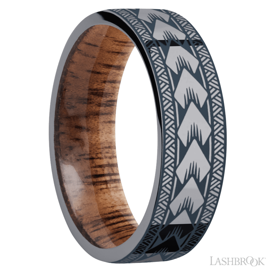 7 mm wide/Flat/Tantalum band with a laser carved Maori pattern also featuring a Koa sleeve. view 2