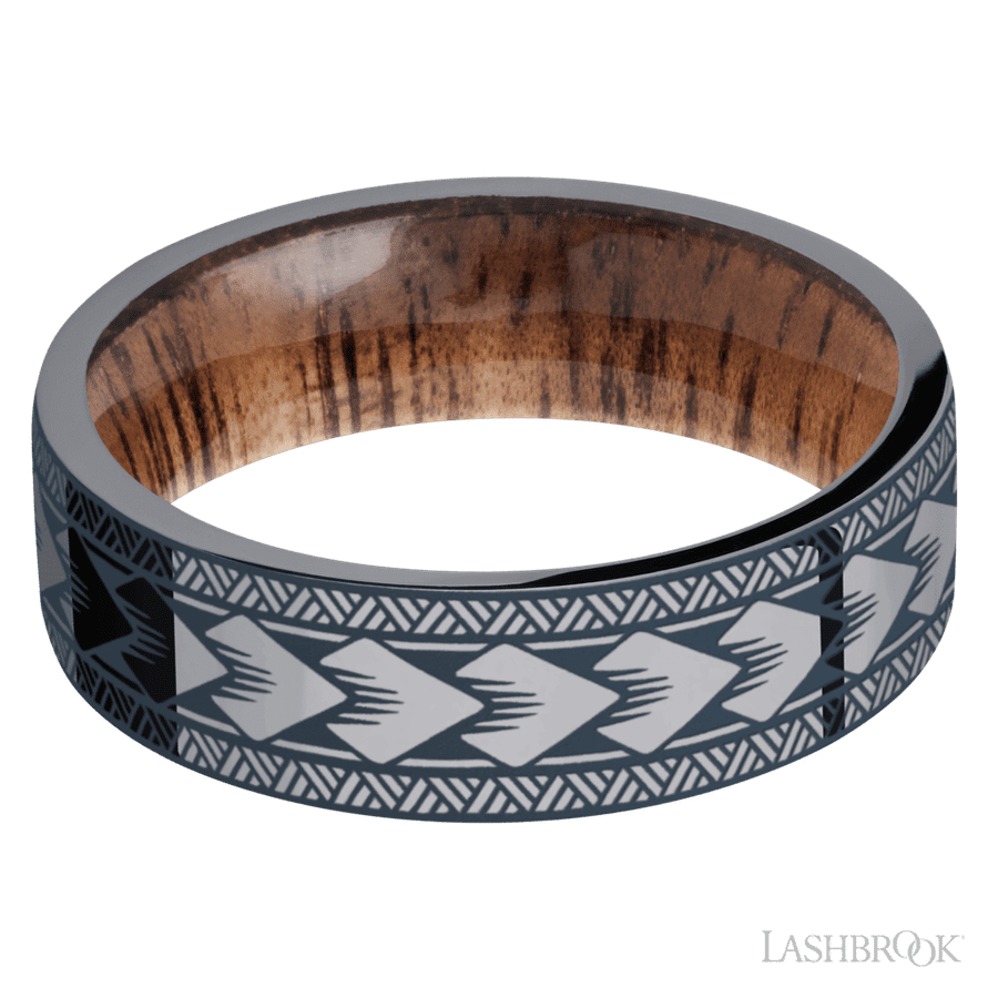 7 mm wide/Flat/Tantalum band with a laser carved Maori pattern also featuring a Koa sleeve. view 3