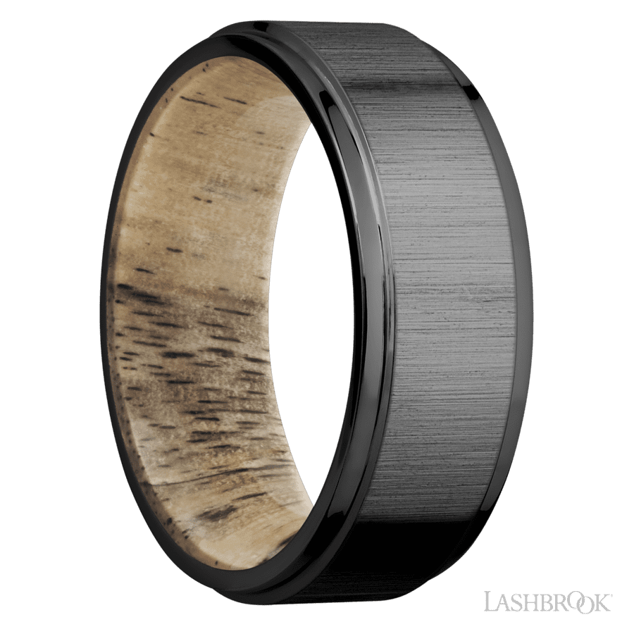 8 mm wide Flat Grooved Edges Zirconium band featuring a Spalted Tamarind sleeve. view 2
