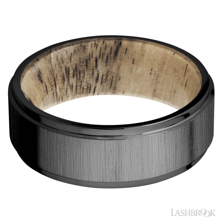 8 mm wide Flat Grooved Edges Zirconium band featuring a Spalted Tamarind sleeve. view 3