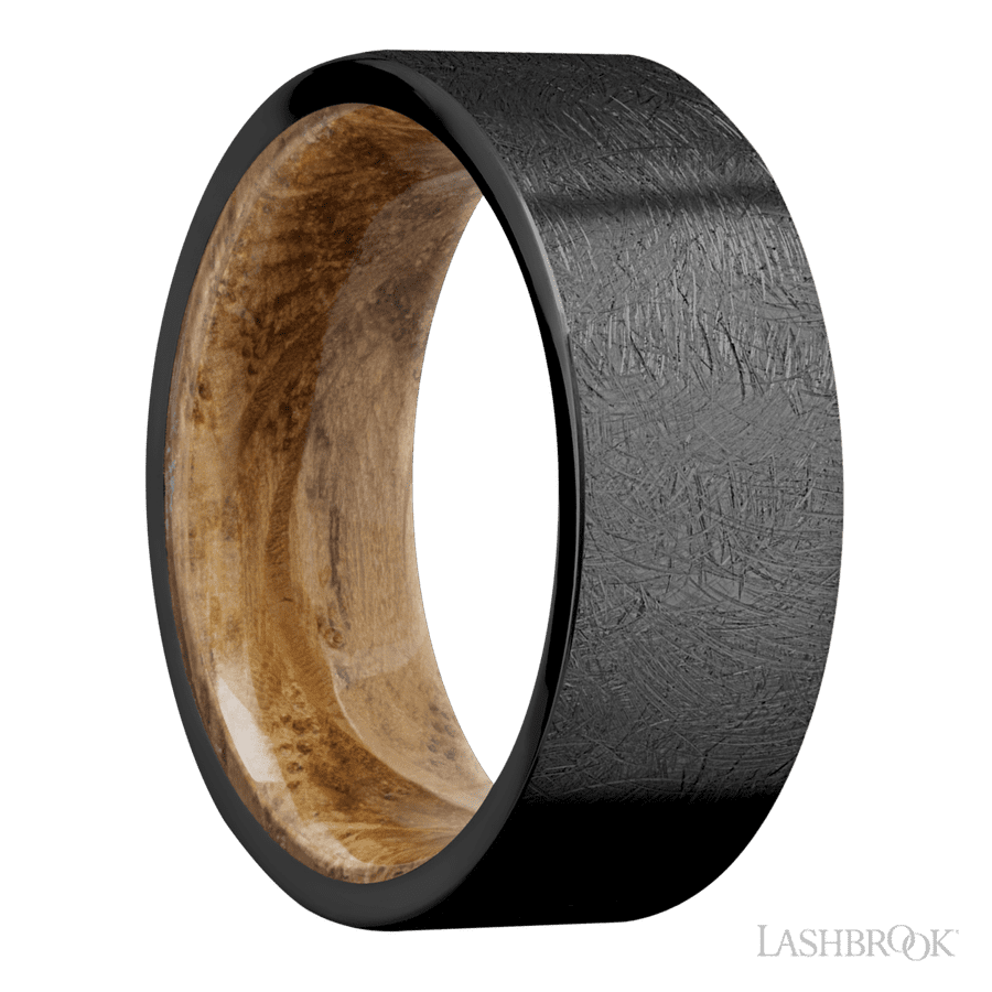 8 mm wide Flat Zirconium band featuring a Whiskey Barrel sleeve. view 2