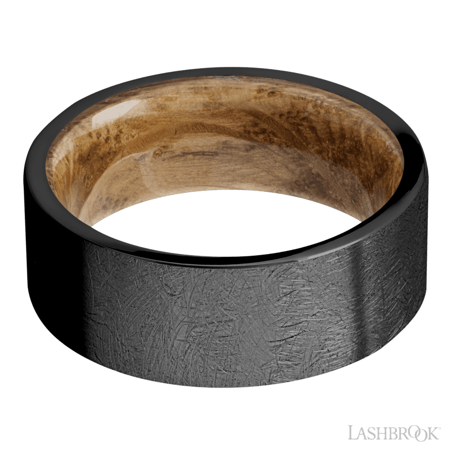 8 mm wide Flat Zirconium band featuring a Whiskey Barrel sleeve. view 3