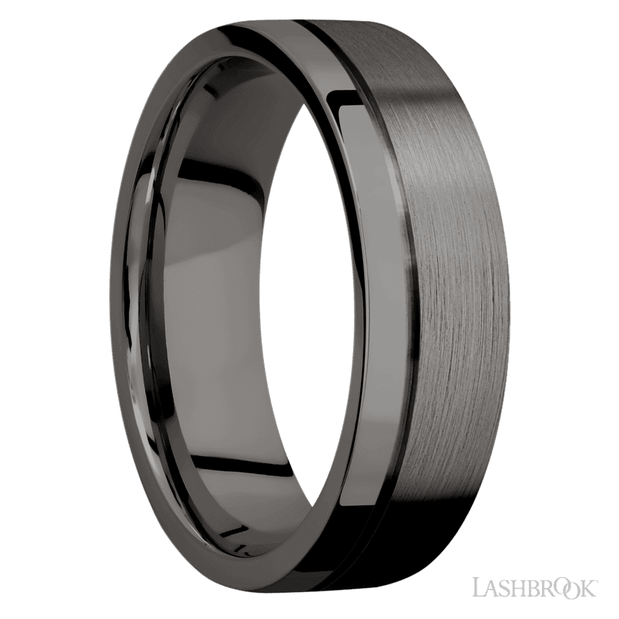 7 mm wide Flat with Off Center Accent Groove Tantalum Noir band. view 2