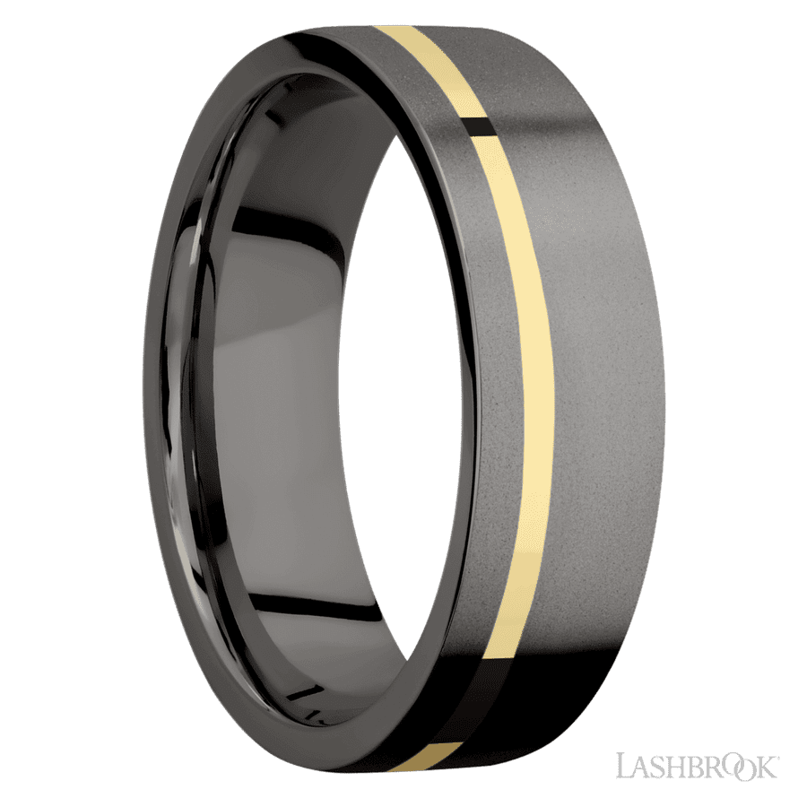 7 mm wide/Flat/Tantalum Noir band with one 1 mm Off Center inlay of 14K Yellow Gold. view 2