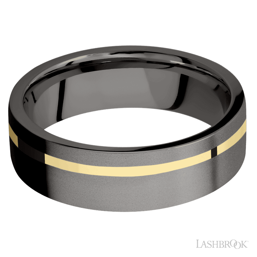 7 mm wide/Flat/Tantalum Noir band with one 1 mm Off Center inlay of 14K Yellow Gold. view 3