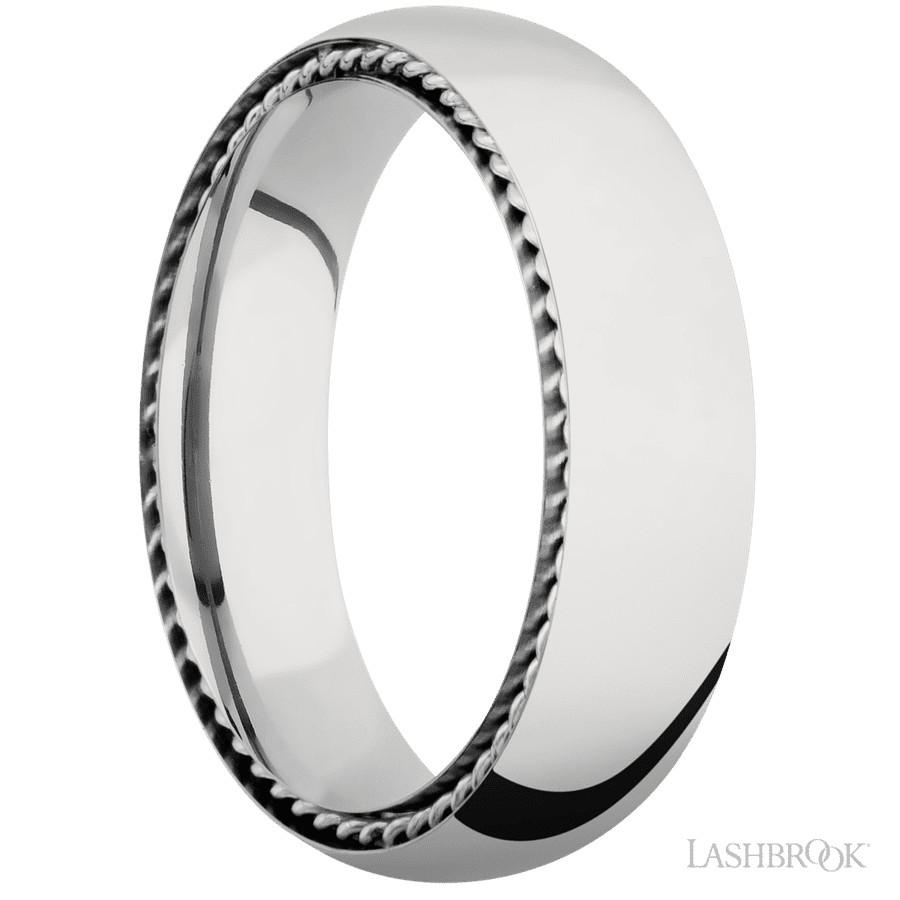 6 mm wide/Domed/14K White Gold band with two 1 mm Sidebraid inlays of 14K White Gold. view 2