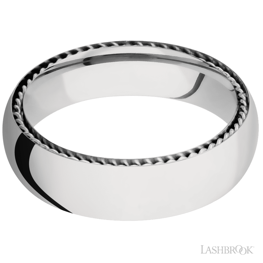 6 mm wide/Domed/14K White Gold band with two 1 mm Sidebraid inlays of 14K White Gold. view 3