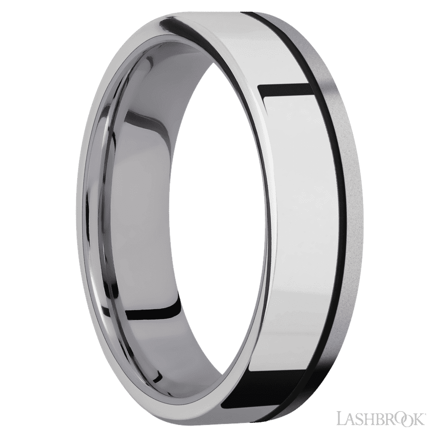 6 mm wide/Flat/Tantalum band with one 4 mm Off Center Edge inlay of Palladium Silver. view 2