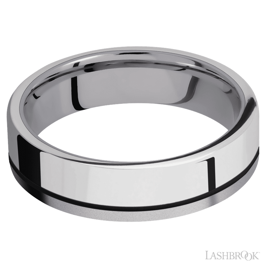 6 mm wide/Flat/Tantalum band with one 4 mm Off Center Edge inlay of Palladium Silver. view 3