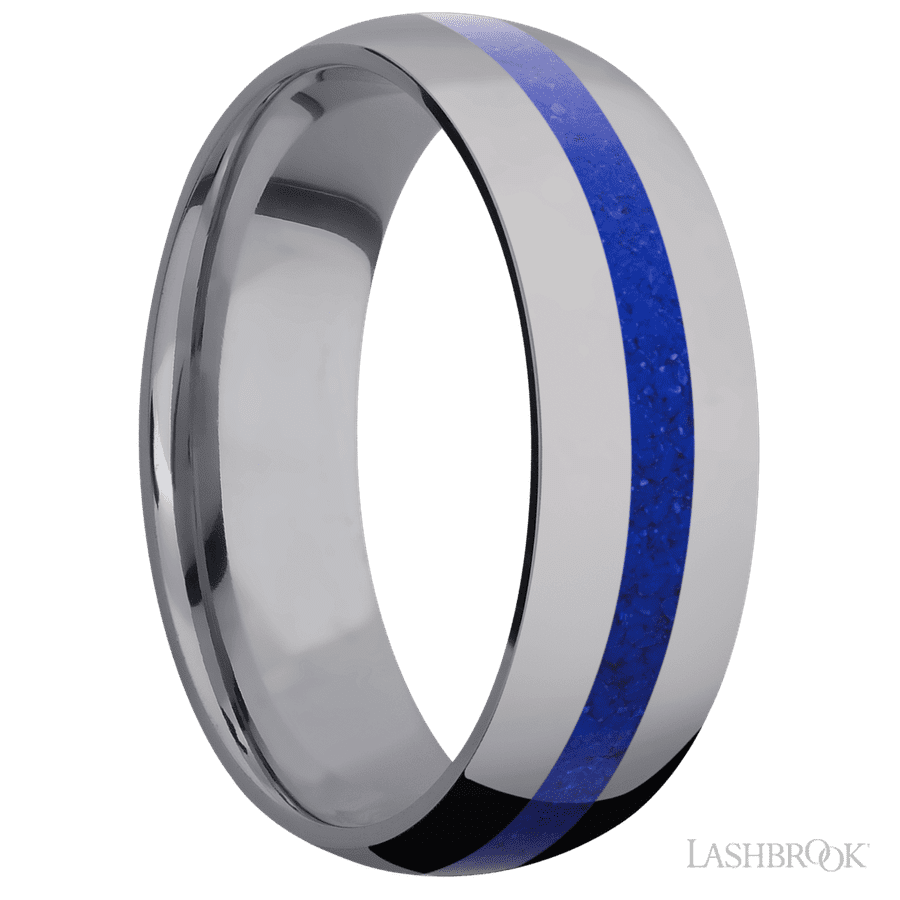 7 mm wide/Domed/Tantalum band with one 2 mm Centered inlay of Lapis. view 2