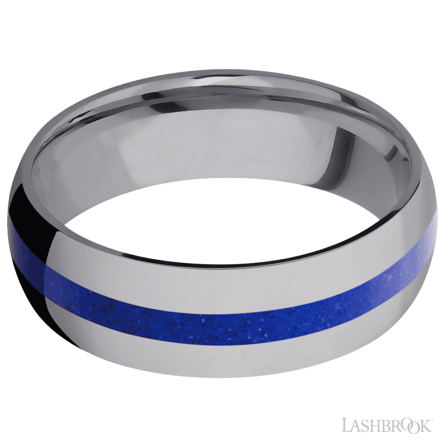 7 mm wide/Domed/Tantalum band with one 2 mm Centered inlay of Lapis. view 3