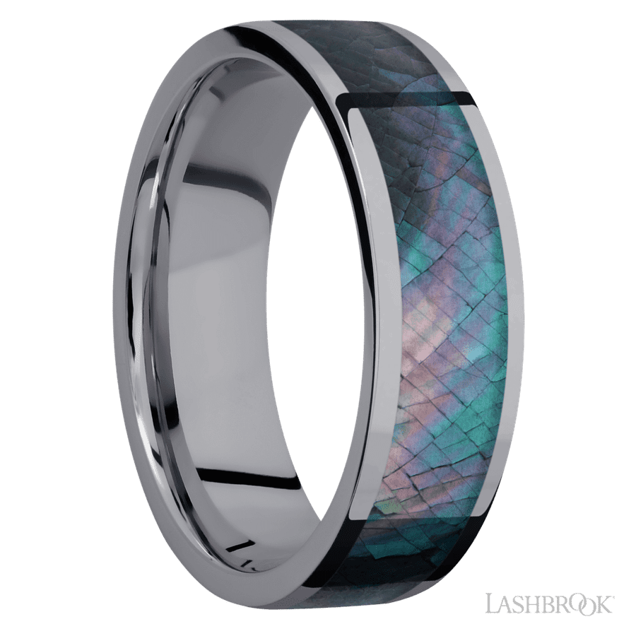 7 mm wide/Flat/Tantalum band with one 5 mm Centered inlay of Black Mother of Pearl. view 2