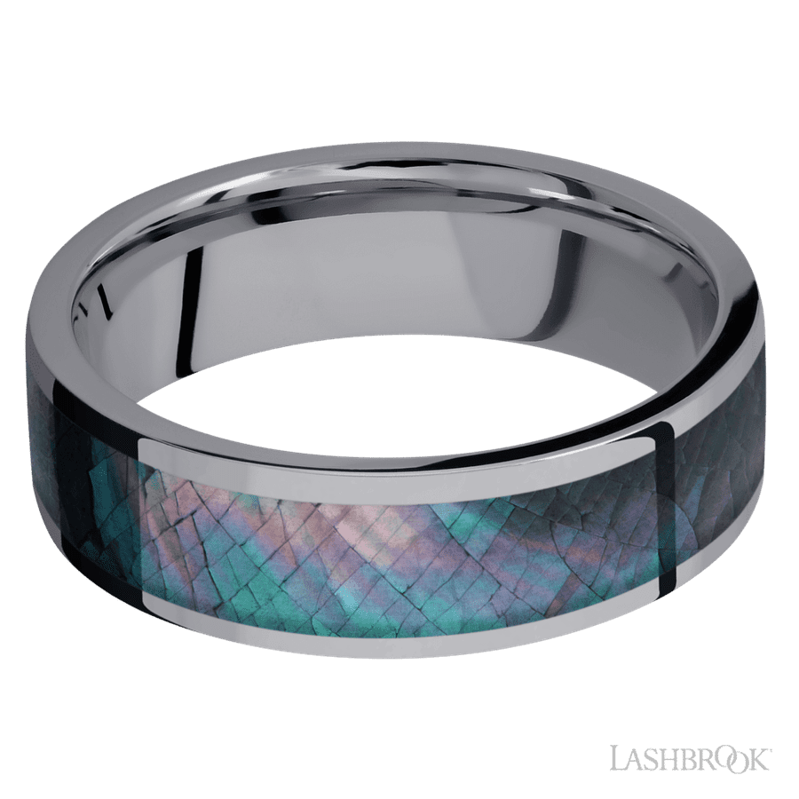 7 mm wide/Flat/Tantalum band with one 5 mm Centered inlay of Black Mother of Pearl. view 3