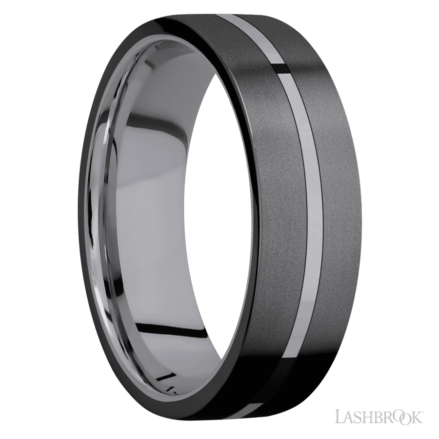 7 mm wide/Flat/Tantalum band with two 3 mm Double Off Center Edge inlays of Zirconium. view 2