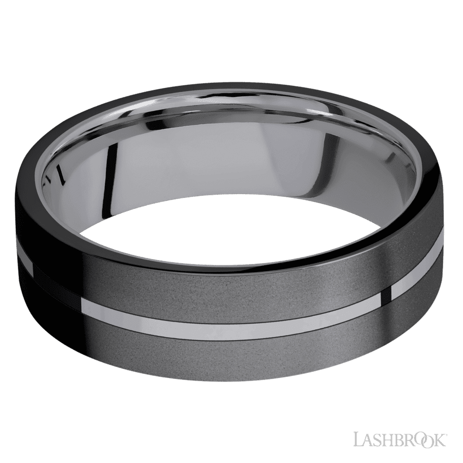 7 mm wide/Flat/Tantalum band with two 3 mm Double Off Center Edge inlays of Zirconium. view 3