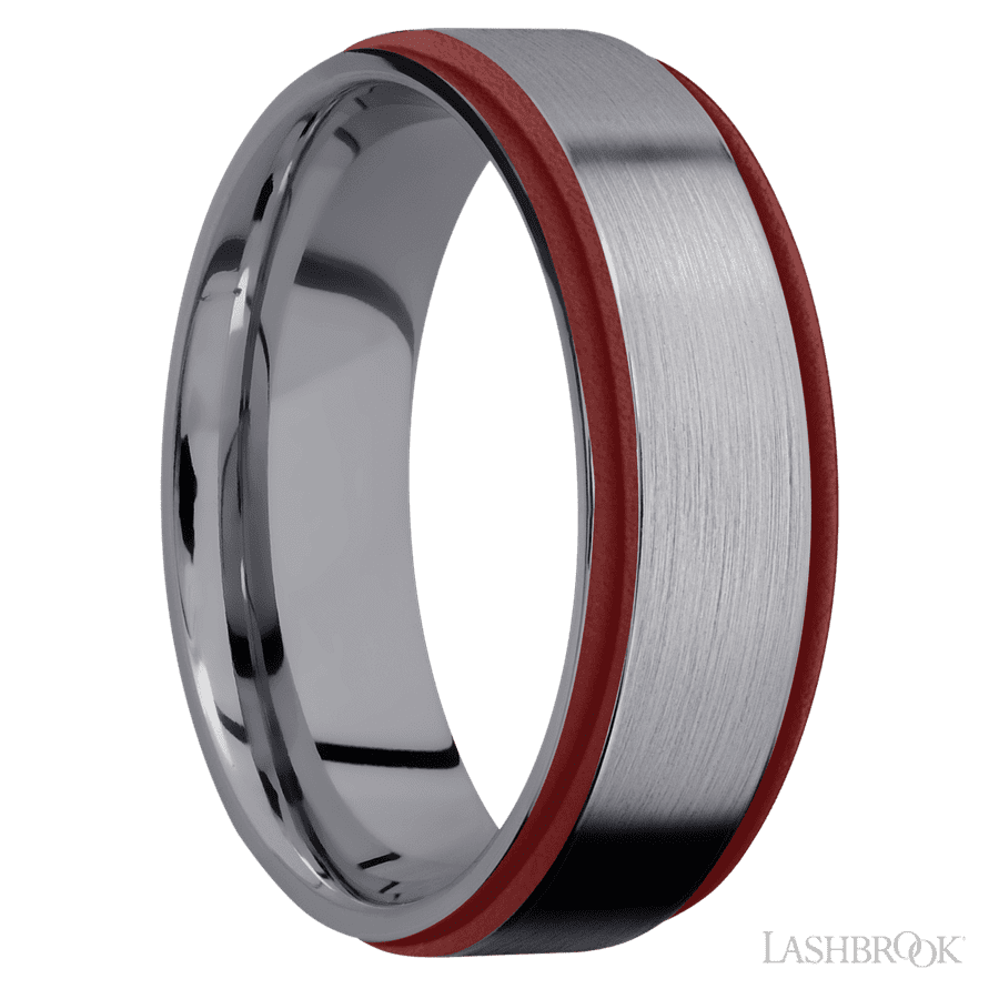 7 mm wide/Flat Grooved Edges/Tantalum band with two 1 mm Edge inlays of Crimson. view 2