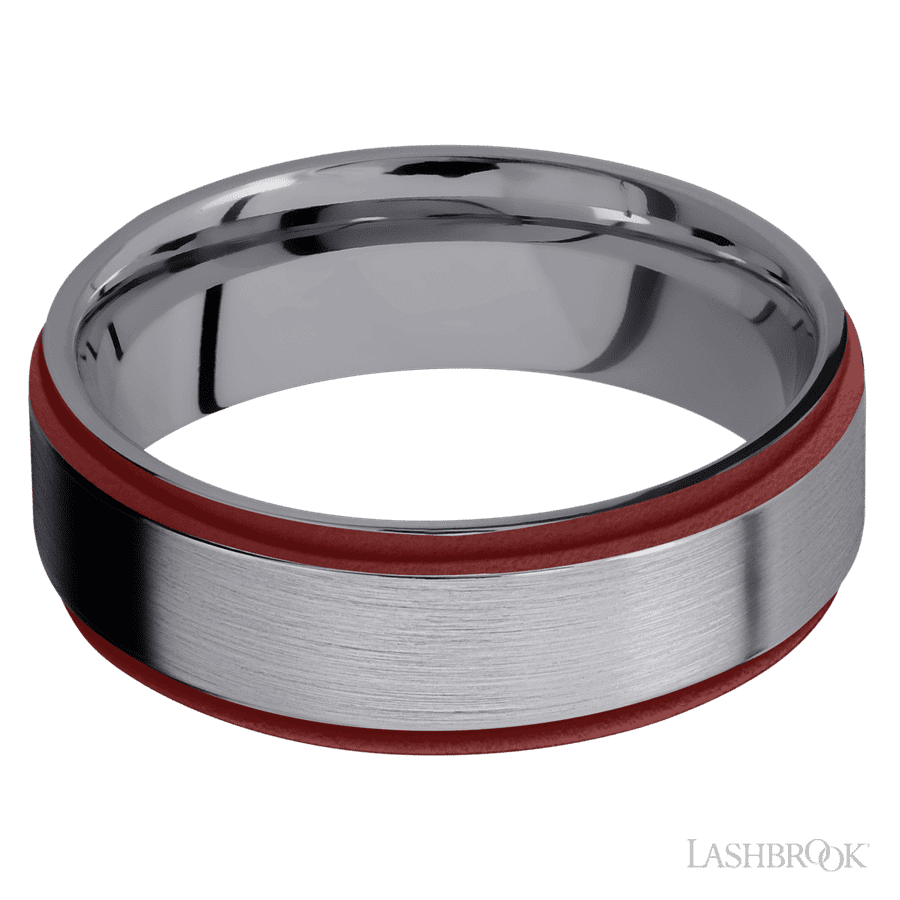 7 mm wide/Flat Grooved Edges/Tantalum band with two 1 mm Edge inlays of Crimson. view 3