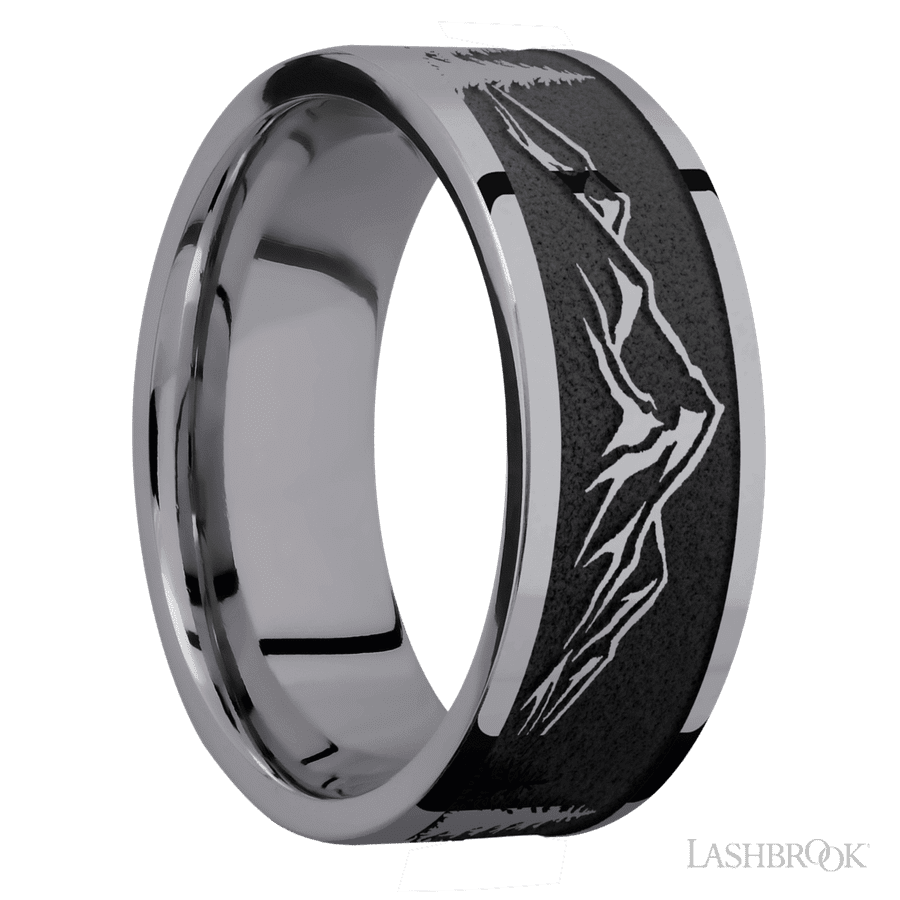 8 mm wide/Flat/Tantalum band with a laser carved Mountain 2 pattern. view 2