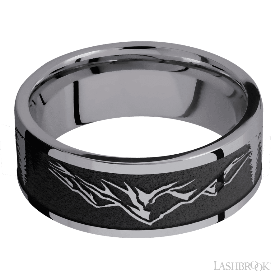 8 mm wide/Flat/Tantalum band with a laser carved Mountain 2 pattern. view 3