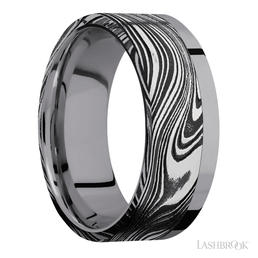 8 mm wide/Flat/Tantalum band with one 6 mm Off Center Edge inlay of Marble. view 2