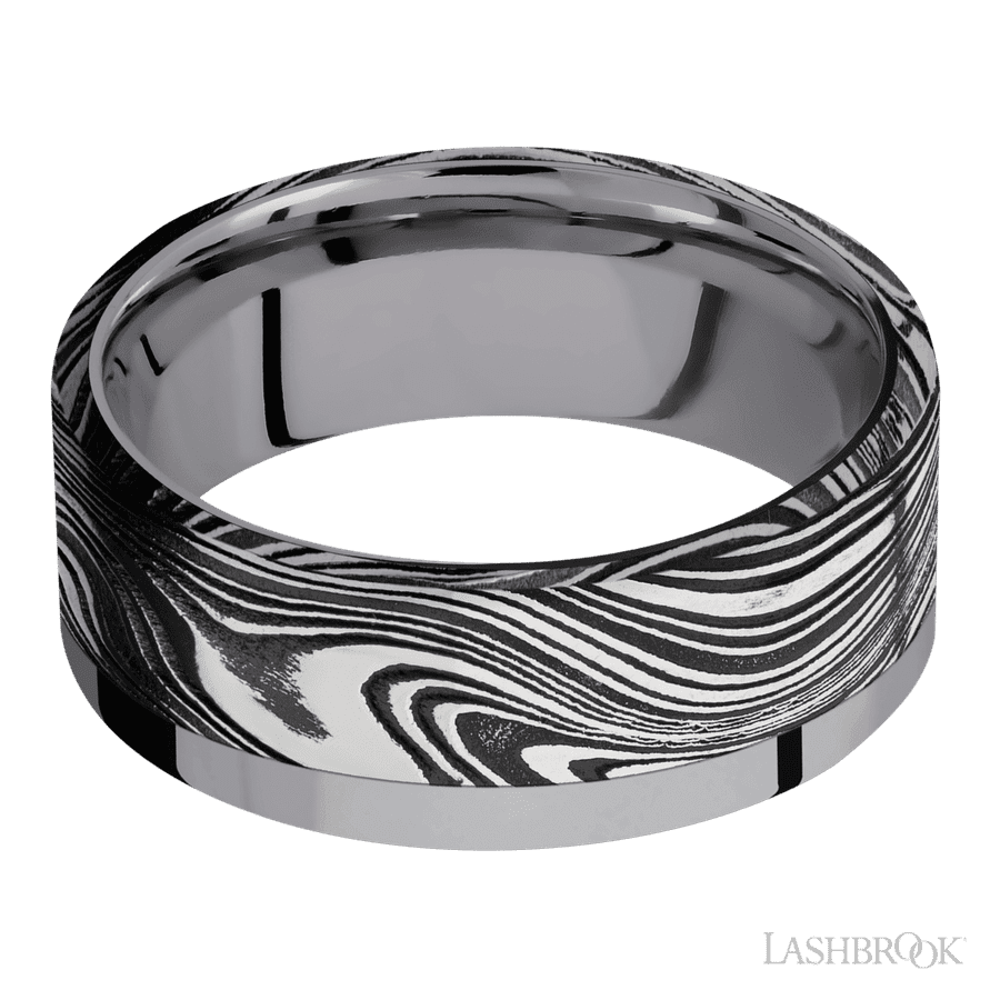 8 mm wide/Flat/Tantalum band with one 6 mm Off Center Edge inlay of Marble. view 3