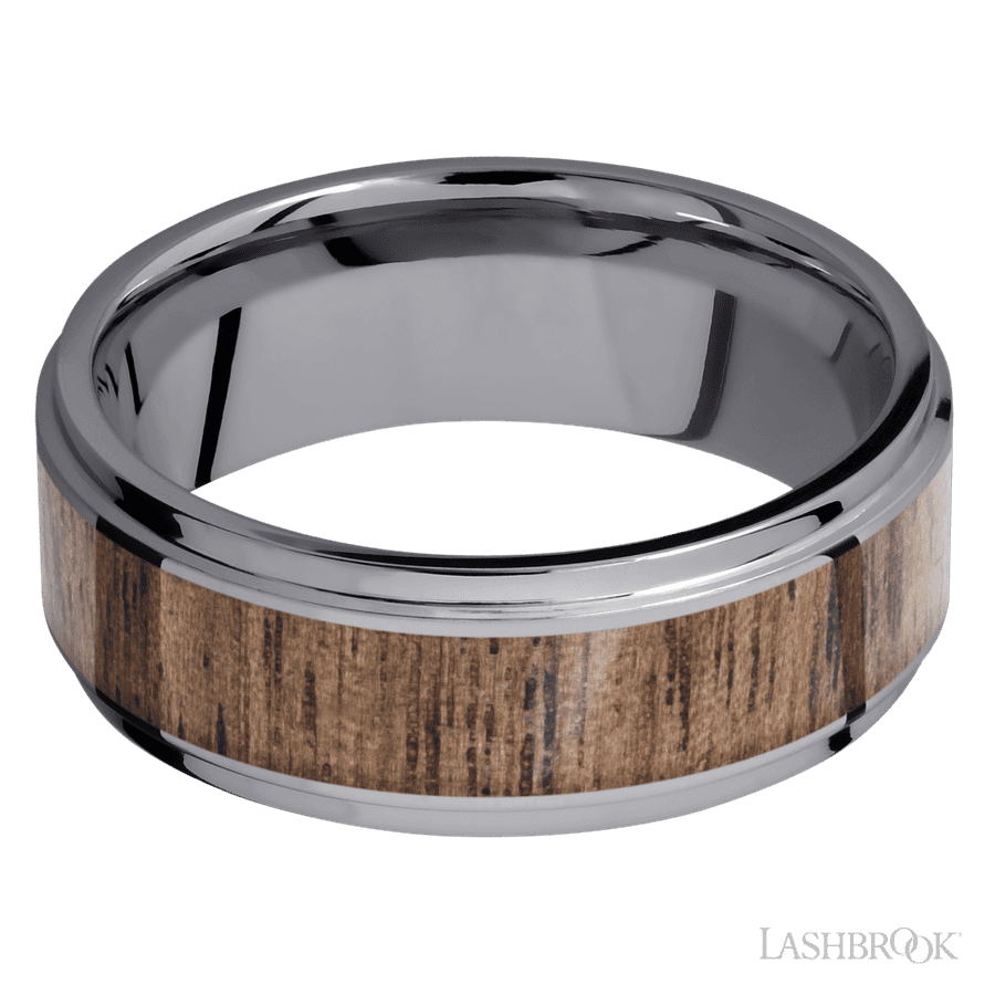 8 mm wide/Flat Grooved Edges/Tantalum band with one 5 mm Centered inlay of Walnut. view 3