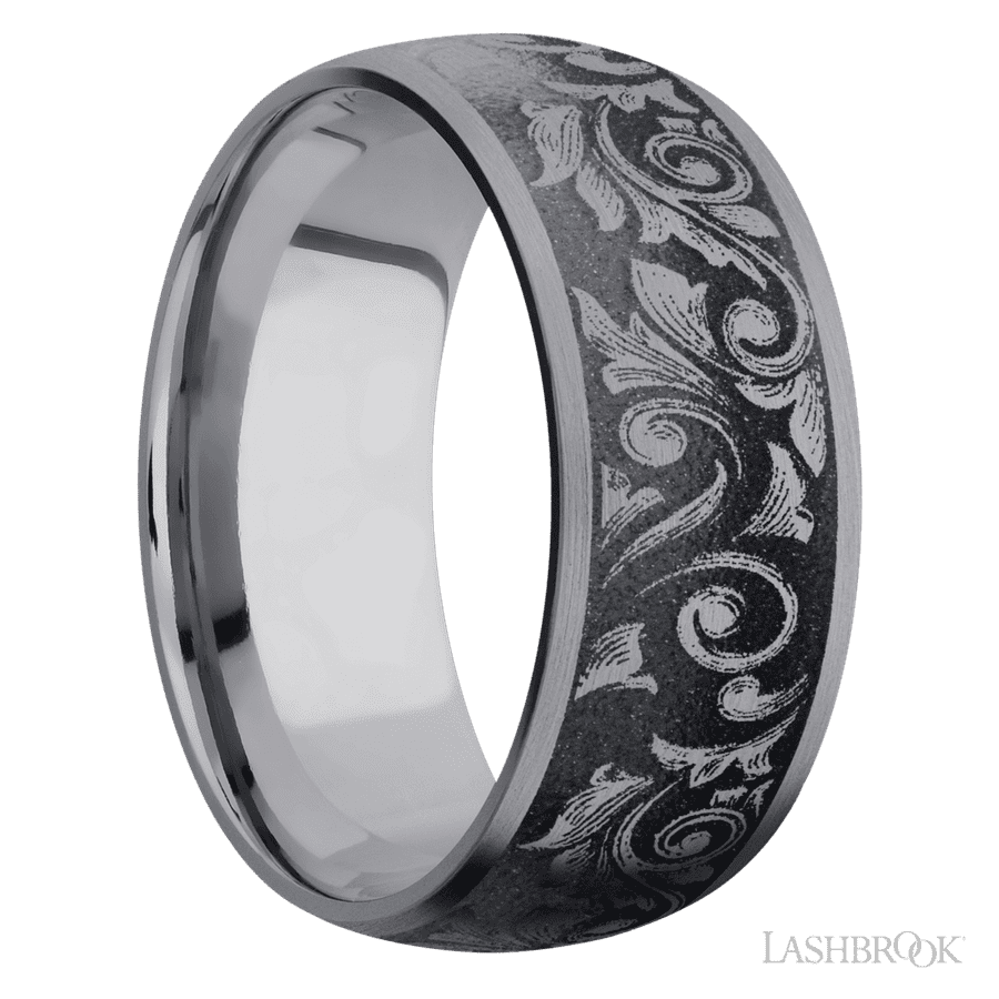 9 mm wide/Domed/Tantalum band with a laser carved Western Scroll pattern. view 2