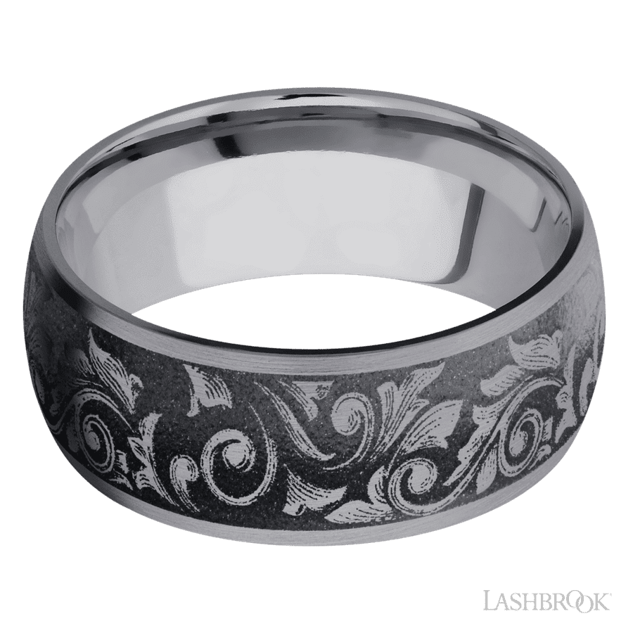 9 mm wide/Domed/Tantalum band with a laser carved Western Scroll pattern. view 3