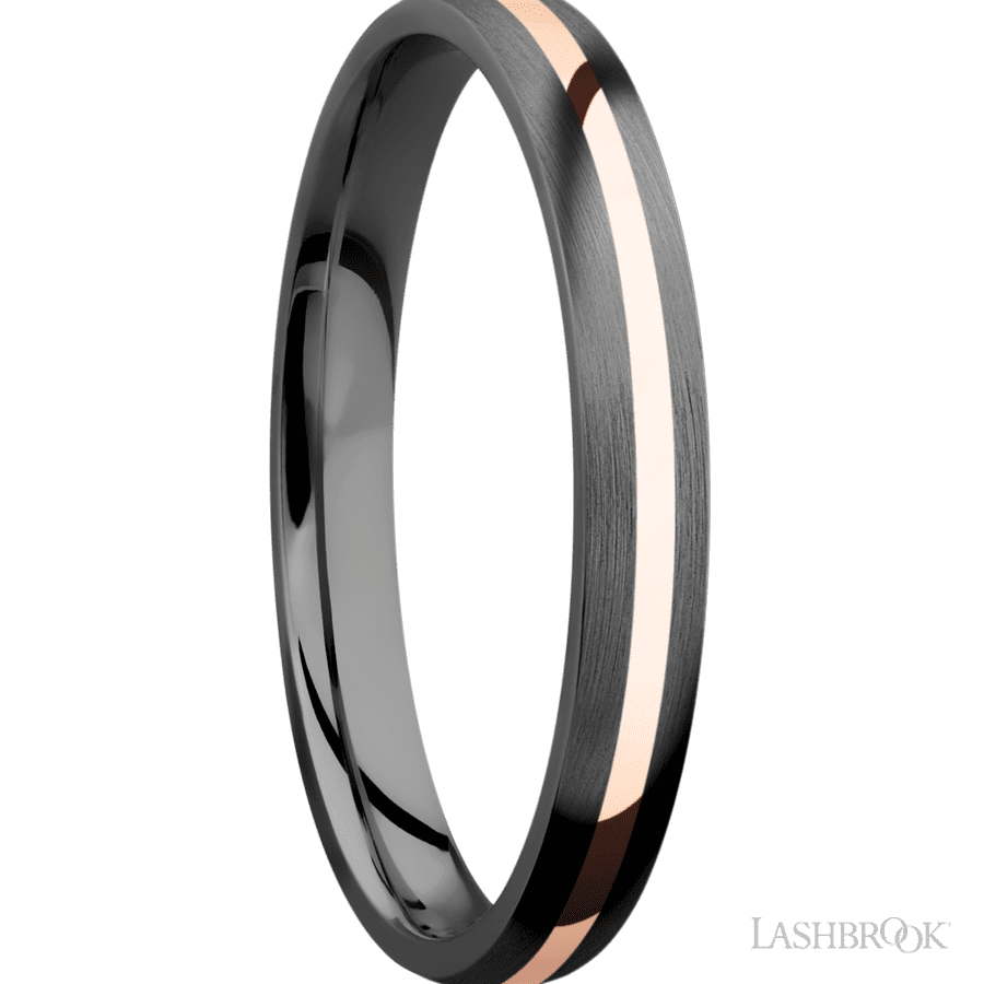3 mm wide/Domed/Zirconium band with one 1 mm Centered inlay of 14K Rose Gold. view 2