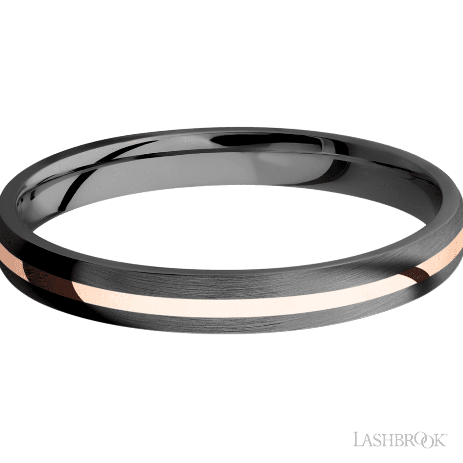 3 mm wide/Domed/Zirconium band with one 1 mm Centered inlay of 14K Rose Gold. view 3