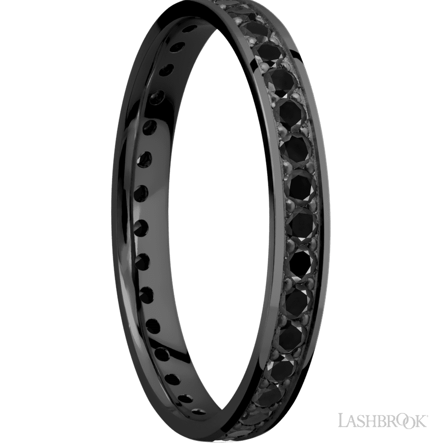 3 mm wide/Flat/Zirconium band with an Eternity arrangement of .03 carat Round Black Diamond stones in a Bead setting. view 2