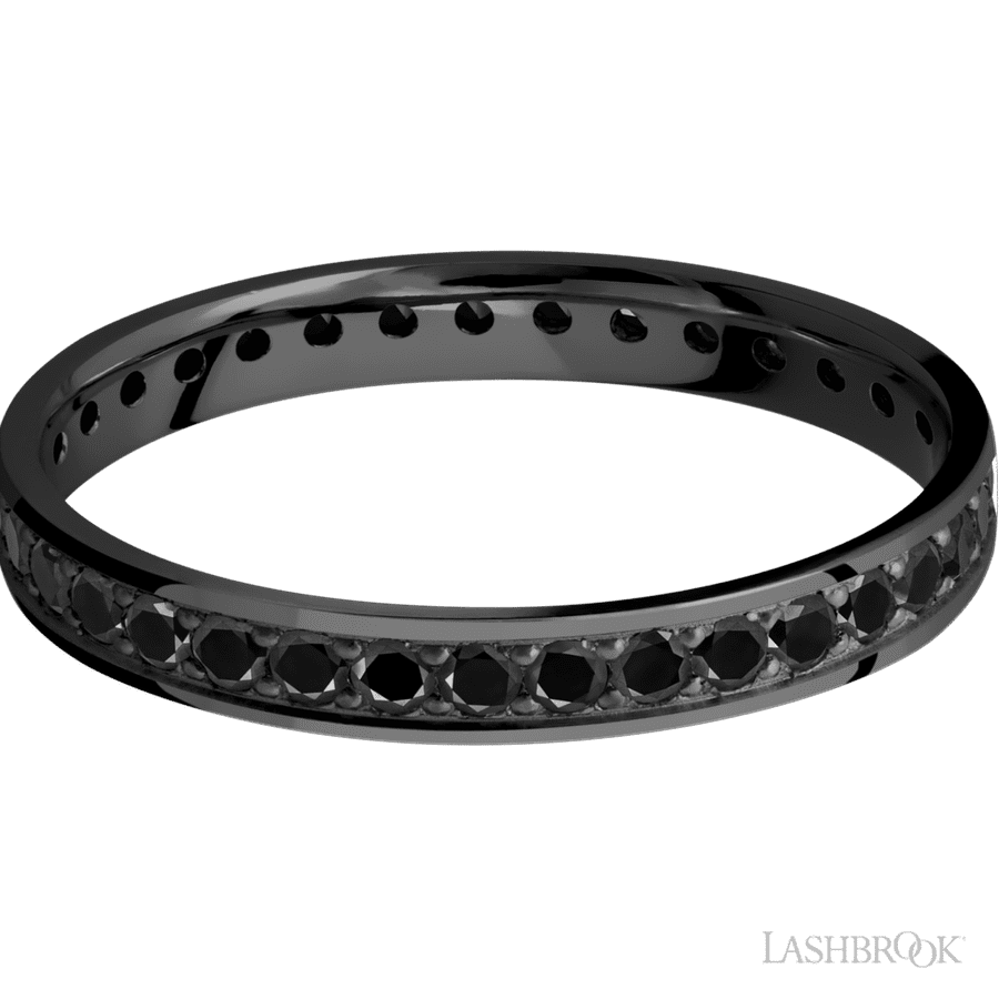 3 mm wide/Flat/Zirconium band with an Eternity arrangement of .03 carat Round Black Diamond stones in a Bead setting. view 3