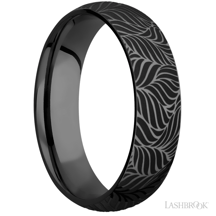 6 mm wide/Domed/Zirconium band with a laser carved Twisted Leaf pattern. view 2