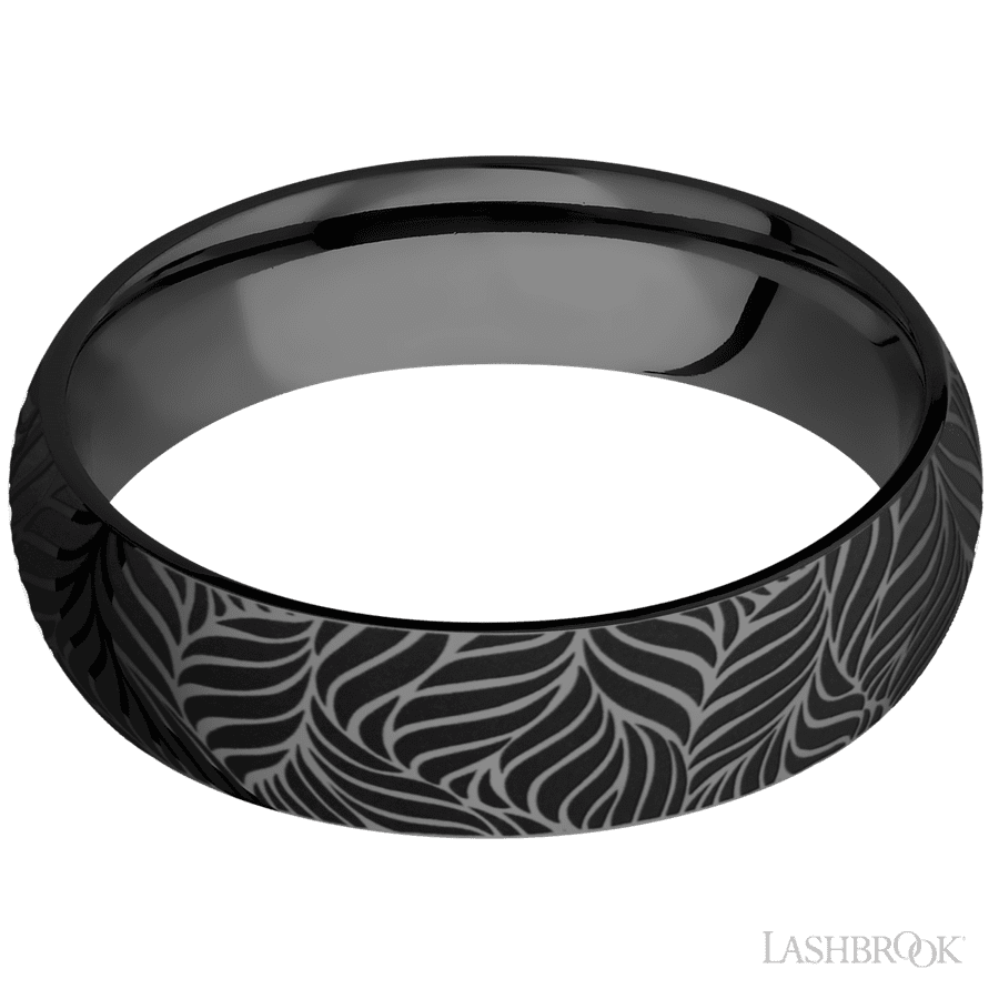 6 mm wide/Domed/Zirconium band with a laser carved Twisted Leaf pattern. view 3