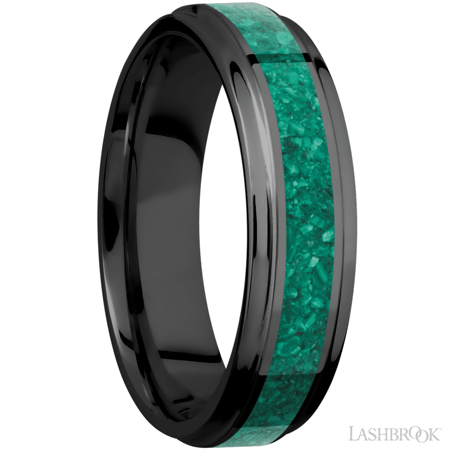 6 mm wide/Flat Grooved Edges/Zirconium band with one 3 mm Centered inlay of Malachite. view 2