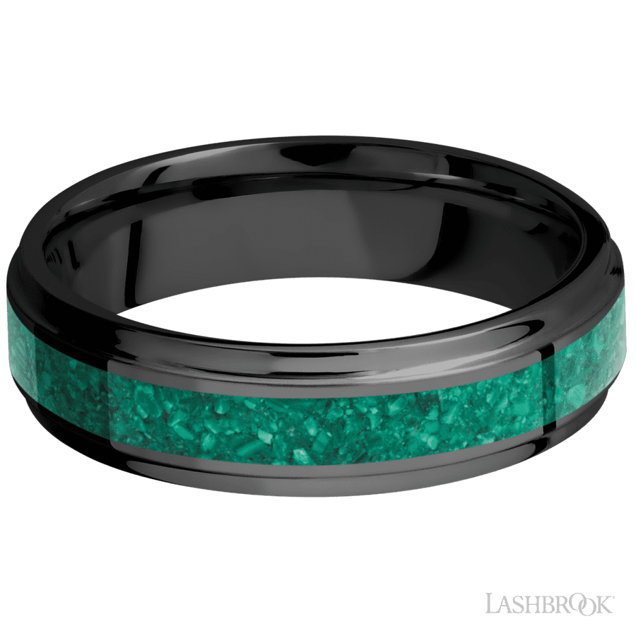 6 mm wide/Flat Grooved Edges/Zirconium band with one 3 mm Centered inlay of Malachite. view 3