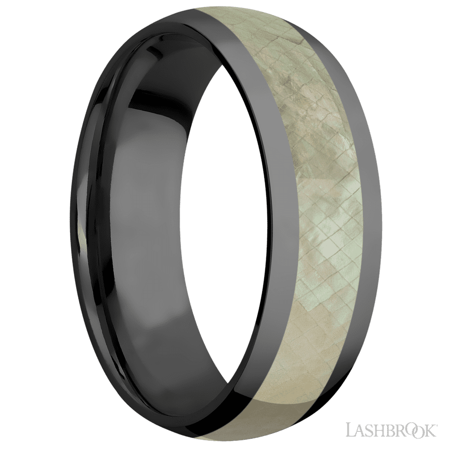 7 mm wide/Domed/Zirconium band with one 4 mm Centered inlay of Freshwater Mother of Pearl. view 2