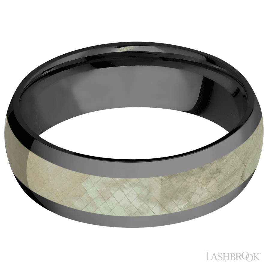7 mm wide/Domed/Zirconium band with one 4 mm Centered inlay of Freshwater Mother of Pearl. view 3