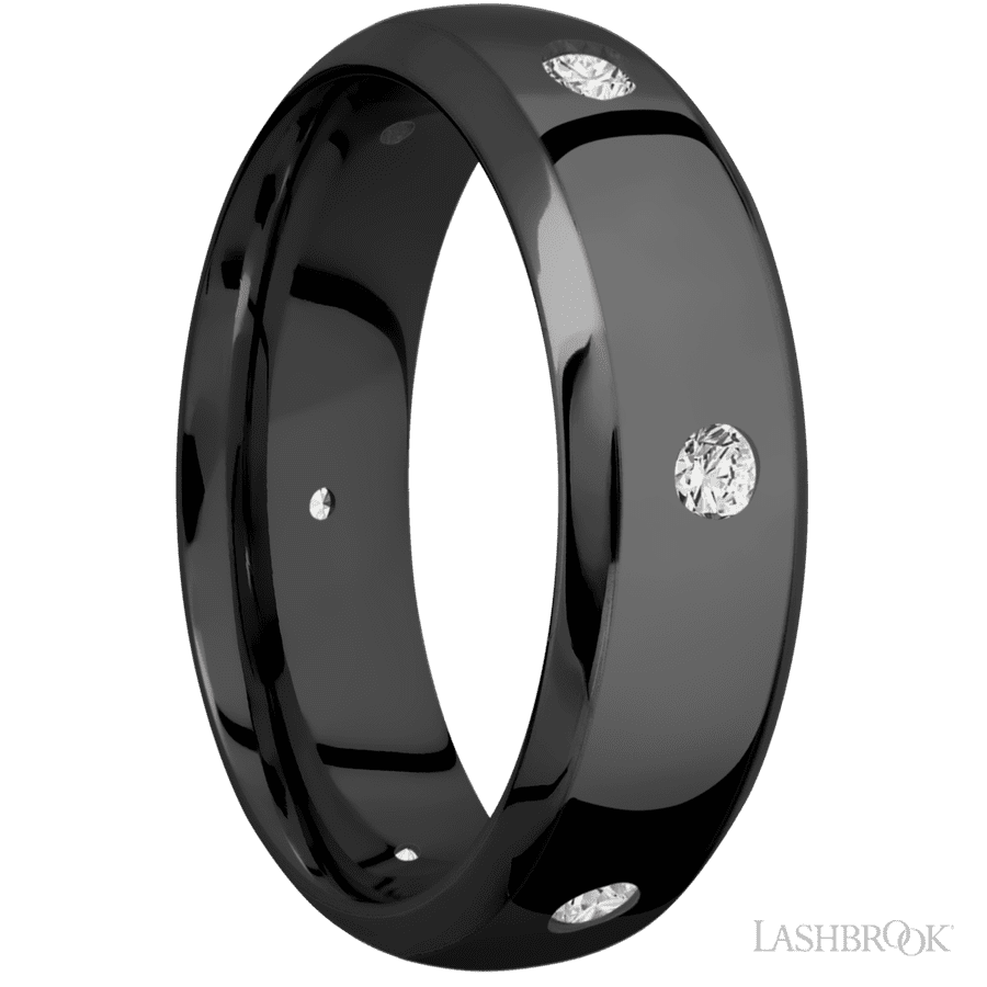 7 mm wide/Domed Bevel/Zirconium band with a 6X Even arrangement of .07 carat Round Diamond stones in a Flush setting. view 2